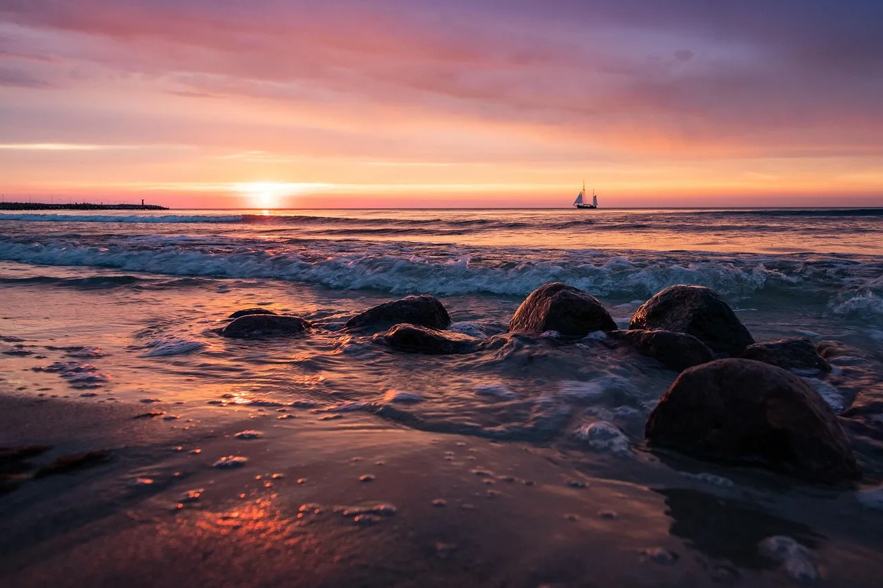 A rocky coastline at sunset
