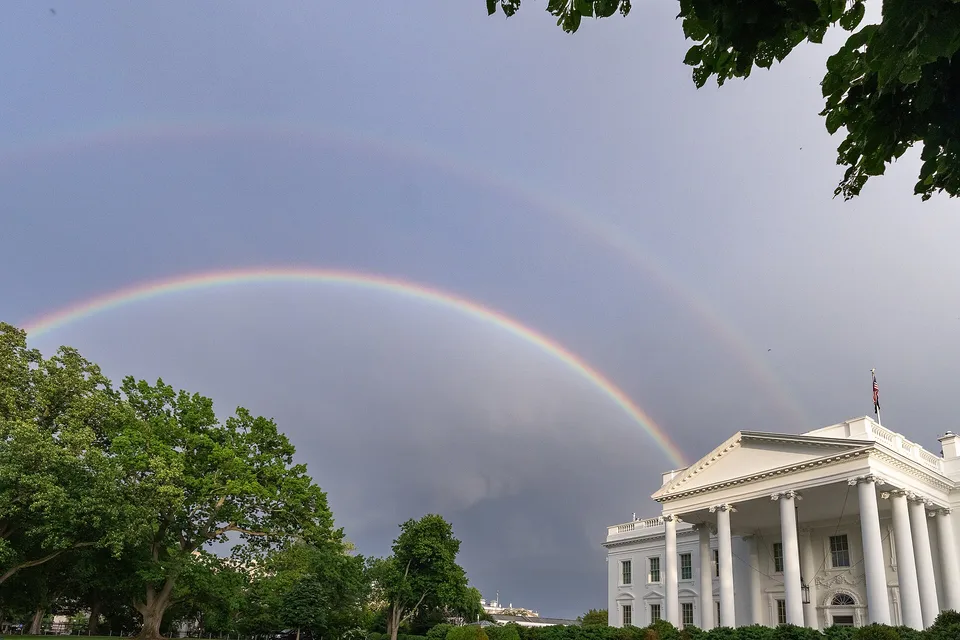A rainbow over the North Portico of the White House