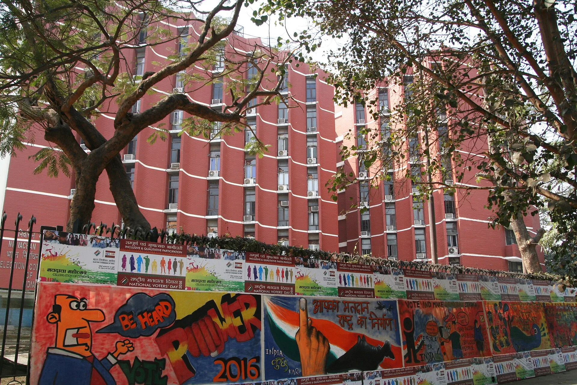 Posters outside the Election Commission of India in New Delhi.