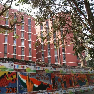 Posters outside the Election Commission of India in New Delhi.
