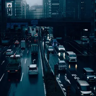 Traffic on a Tokyo street in the rain